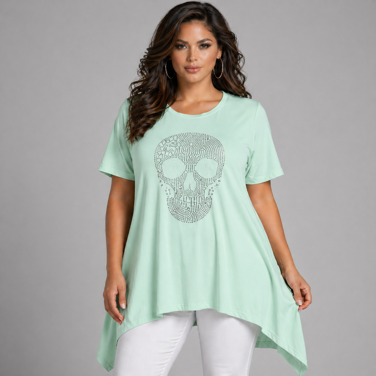 Short Sleeve Hanky Hem Studded Skull Long Length Top