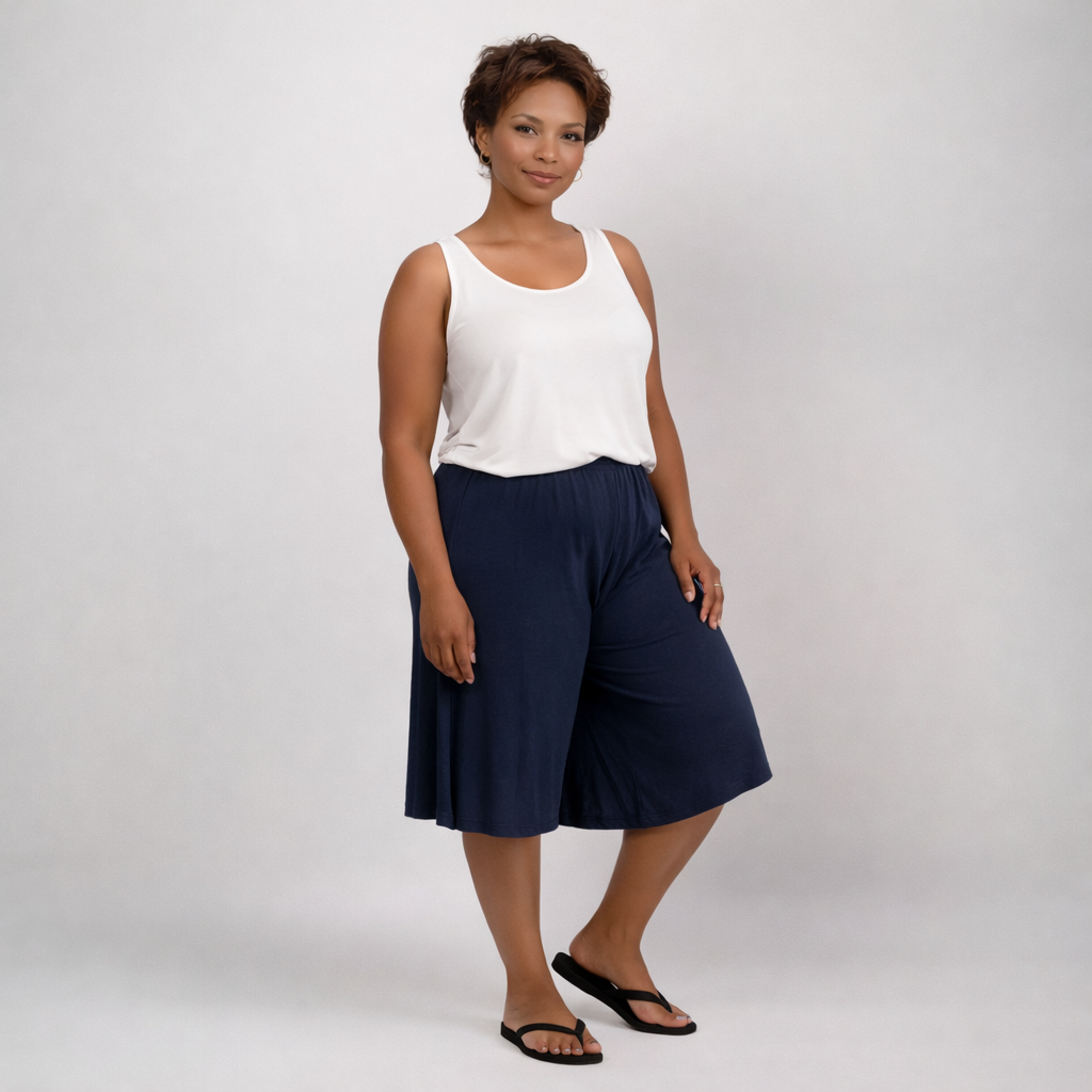 Plain Elastic High Waist Wide Leg Culottes Shorts