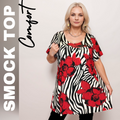 RED WHITE BLACK SWIRL SHORT SLEEVE A-LINE SMOCK TOP