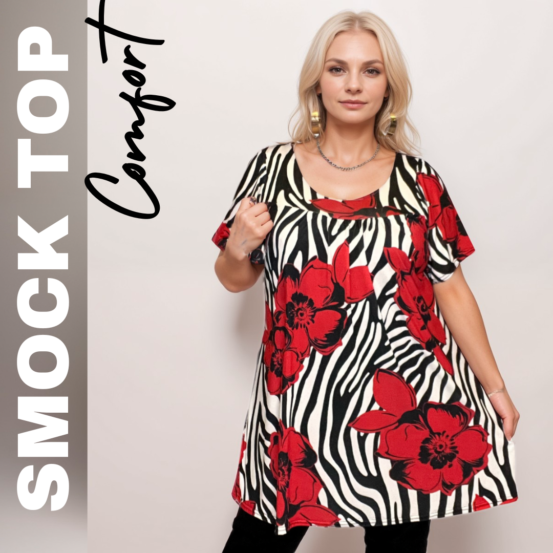 RED WHITE BLACK SWIRL SHORT SLEEVE A-LINE SMOCK TOP