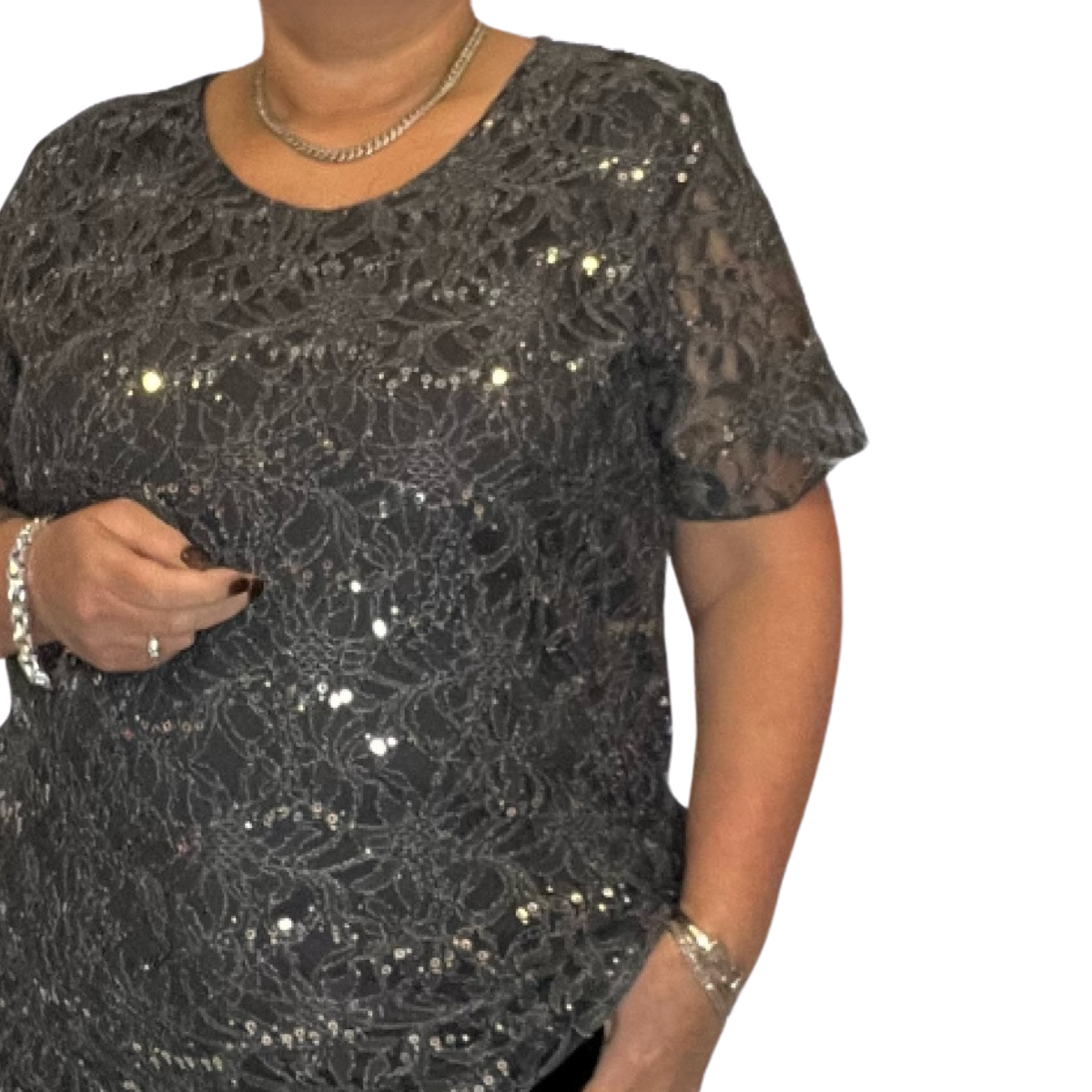 SEQUIN AND LACE SHORT SLEEVE BLOUSE / TOP