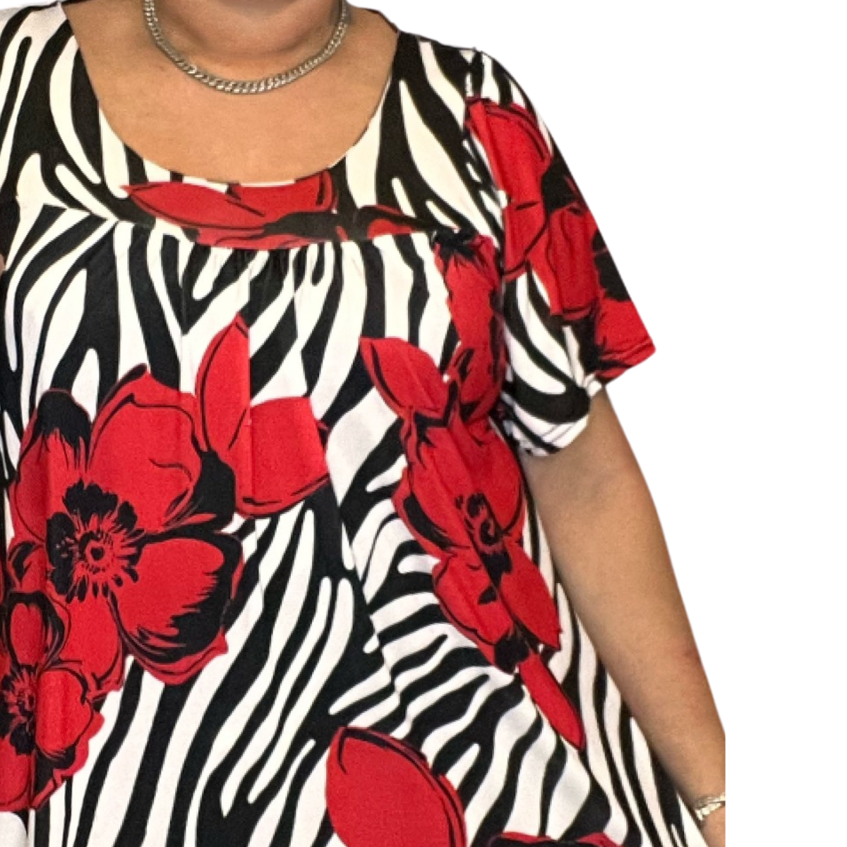 RED WHITE BLACK SWIRL SHORT SLEEVE A-LINE SMOCK TOP