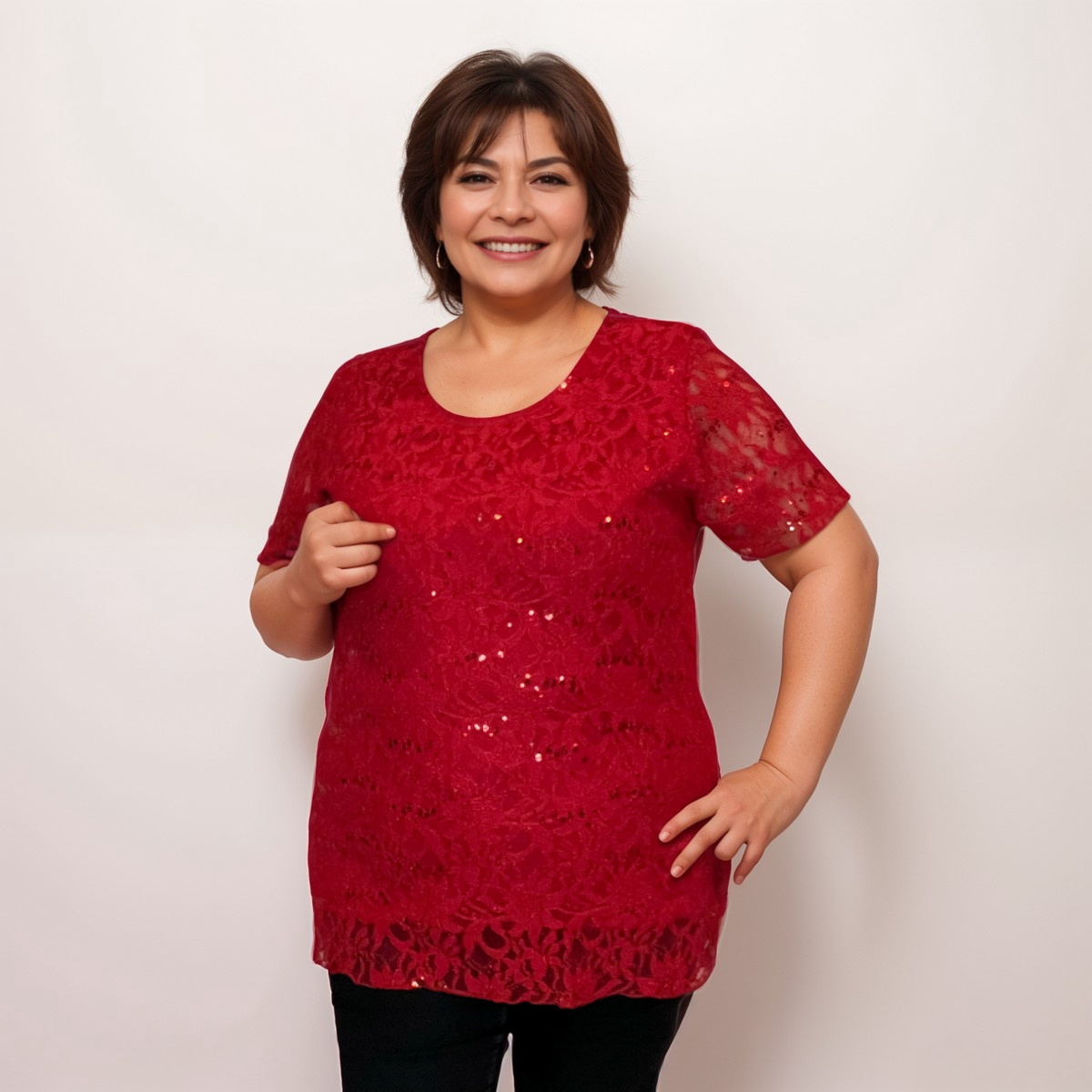 SEQUIN AND LACE SHORT SLEEVE BLOUSE / TOP