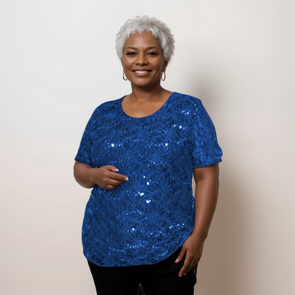 SEQUIN AND LACE SHORT SLEEVE BLOUSE / TOP