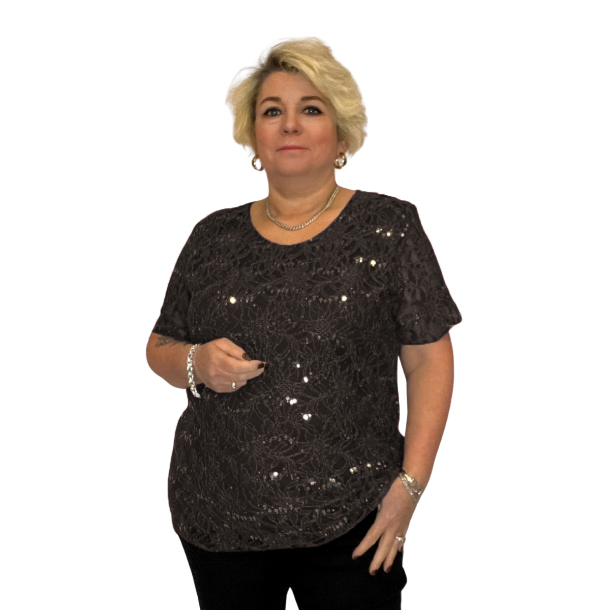 SEQUIN AND LACE SHORT SLEEVE BLOUSE / TOP
