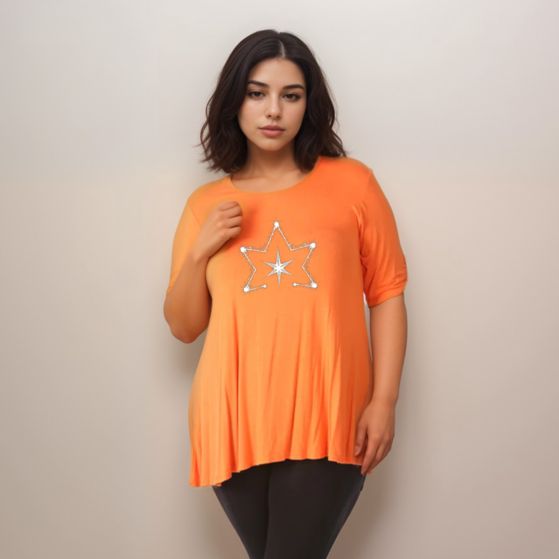 Double Star Plus-Size Button Sleeve Swing Top