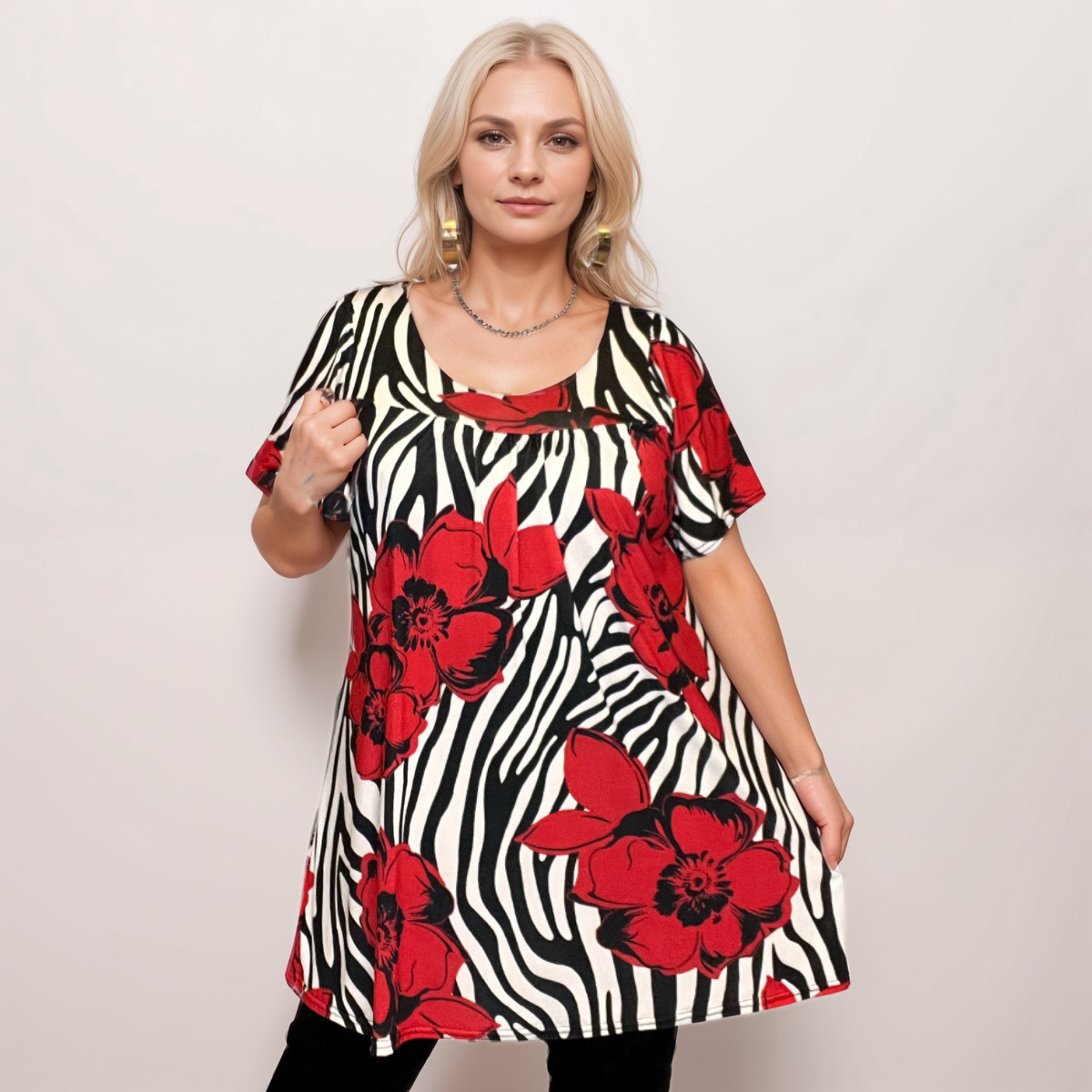 RED WHITE BLACK SWIRL SHORT SLEEVE A-LINE SMOCK TOP